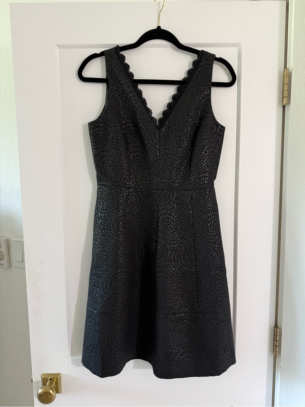 Draper James Black Textured V-Neck Midi Dress with Lace Trim